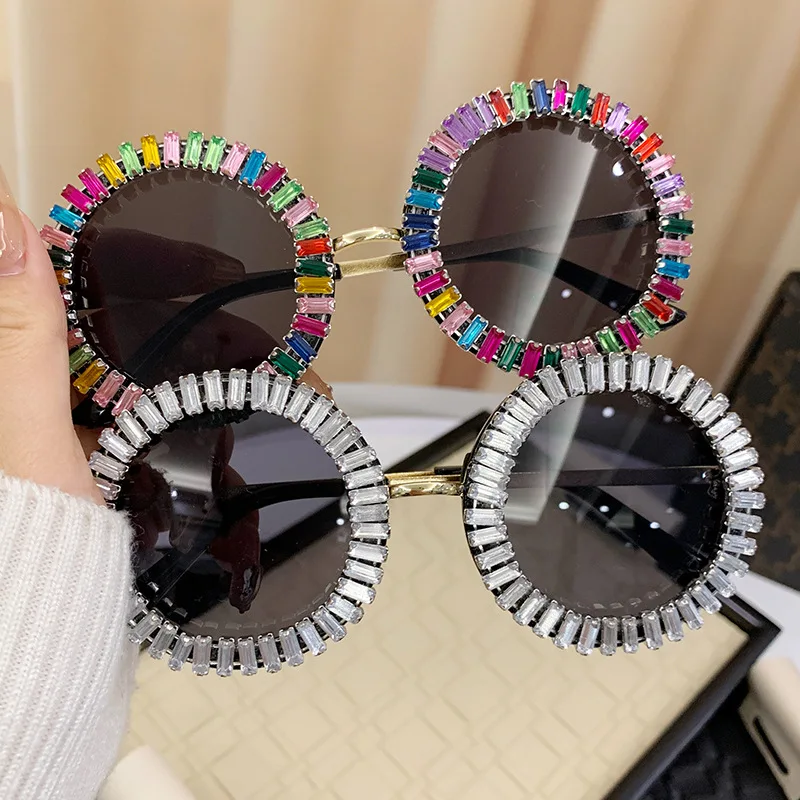 Luxury Brand Designer Round Diamond Sunglasses Women For Female Fashion Vintage Party Travel Steampunk Sun Glasses Shades UV400