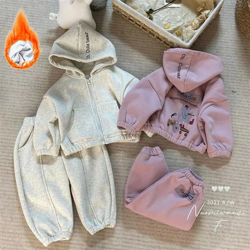 

Children's Fleece Suit Tracksuit Set for Boy Girl Baby Clothes Fall Sweatshirt Cartoon Bear Print Zipper Hoodie Pants Sportwear