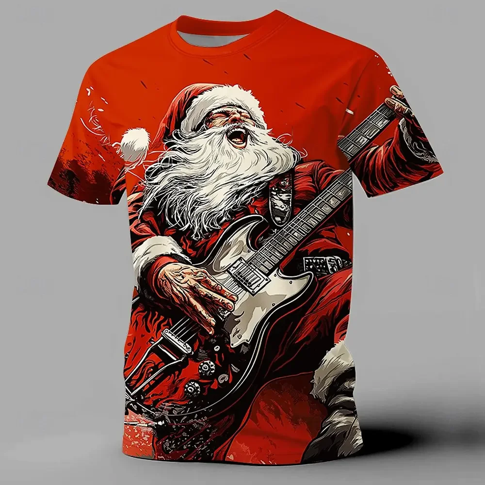 

Christmas Fun Santa Claus Music Printed Men's Clothing Designer Short Sleeve Loose Plus Size T-shirt Top