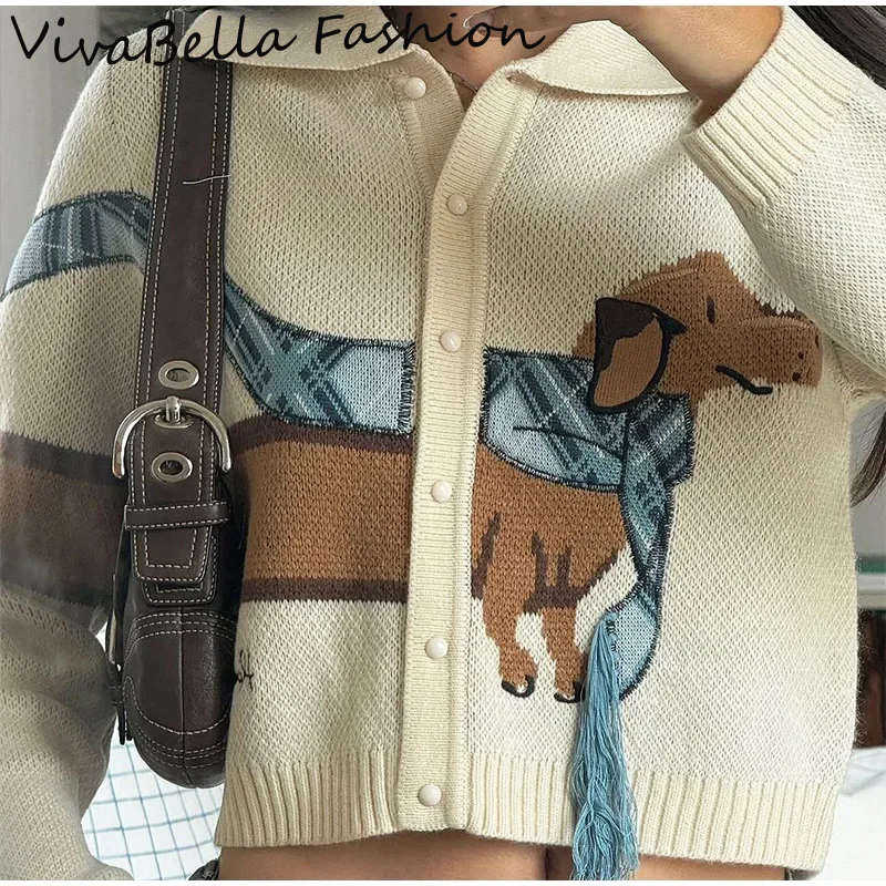 

Cute Dog Pattern Short Women's Sweater Cardigan Long Sleeve O-Neck Knitted Pullover 2025 Autumn Lady Colorful Jumper Tops