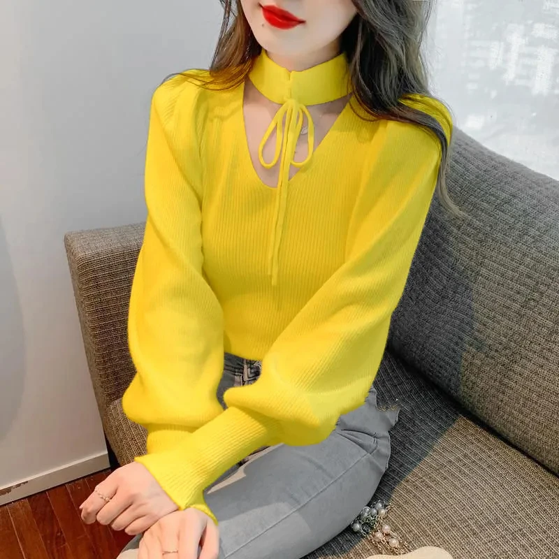 Fashion Multicolor Bishop Sleeve Women Spring 2024 New Hollow Knitting Western Style Long Sleeves Lacing V-neck Bottoming Shirt