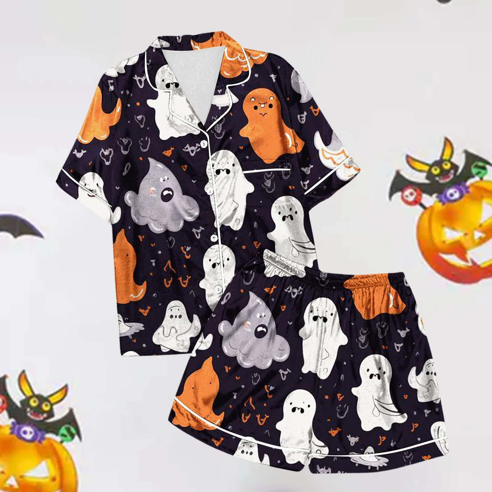 Ladies Casual Halloween Printed Pajamas And Shorts Set Womens Pajama Set Shorts пижама женская Pumpkin Ghost Printed