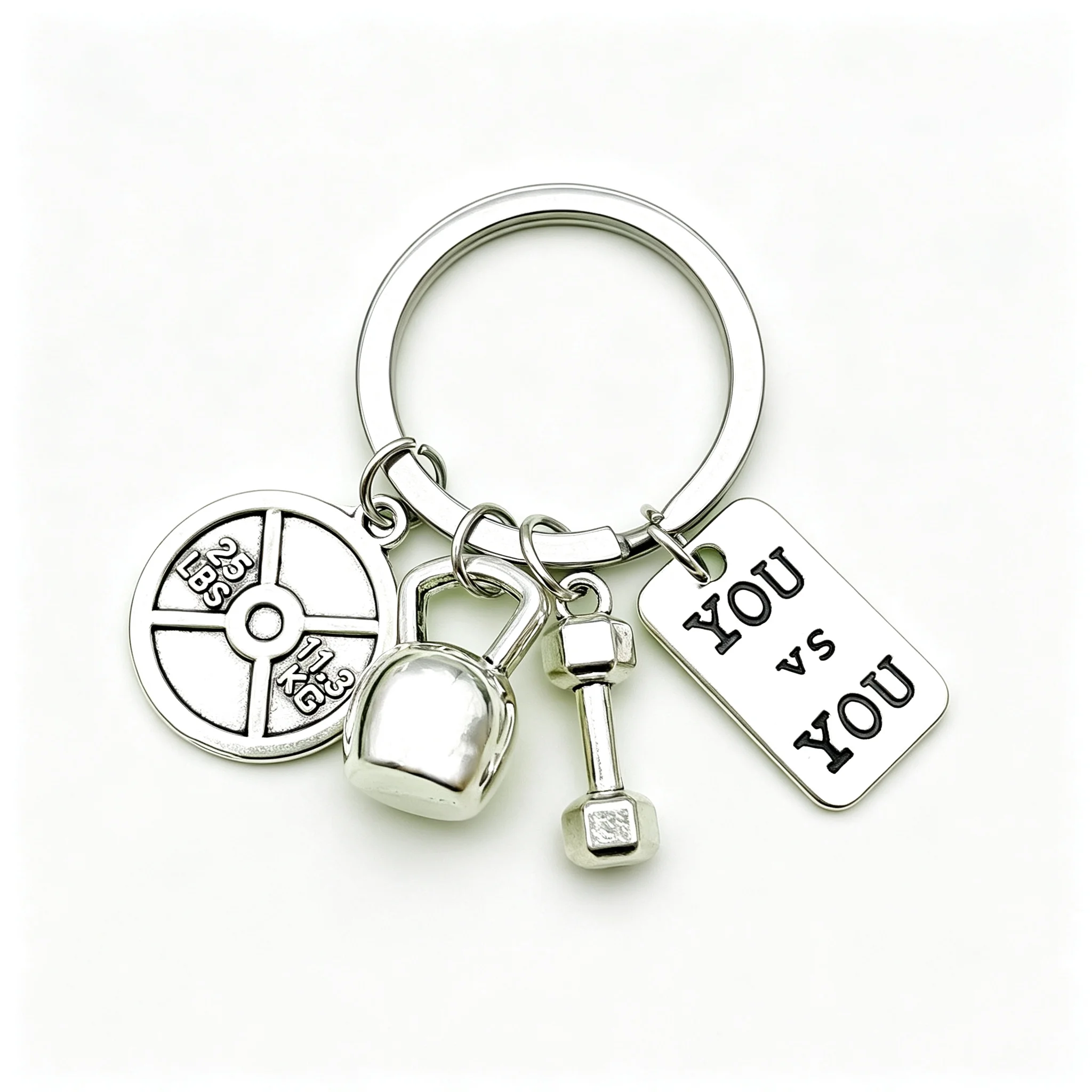 Fitness-Schlüsselanhänger, Metall-Gewichtsscheibe, Kettlebell, Hantel-Anhänger, inspirierender Buchstabenanhänger, Geschenk für Fitnessliebhaber, Schlüsselring für Auto, Tasche, Sport – Detail 1