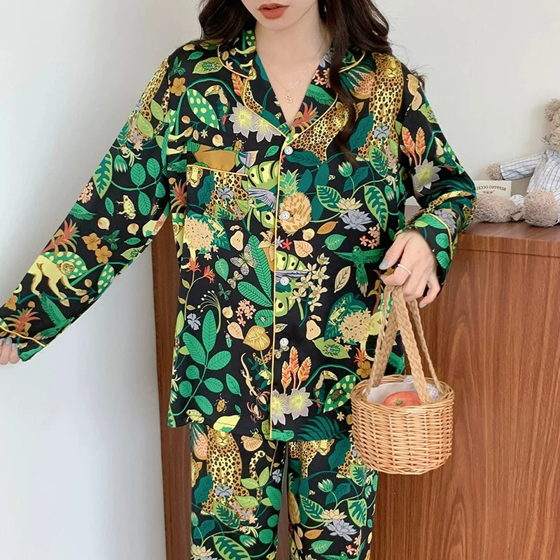 Women\'s Pajamas Sets Spring Autumn 2 Piece Leopard Print Pyjama Faux Silk Satin Sleepwear Long Sleeve Pijama Mujer Pjs Homewear