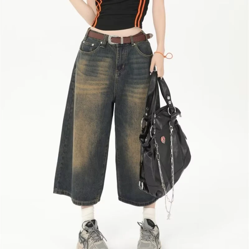 Y2k Cropped Barrel Jeans Woman 2024 Loose Knee Length Shorts Wide Leg Baggy Jeans Pants Men's Oversize Denim Trouser Jeans Short