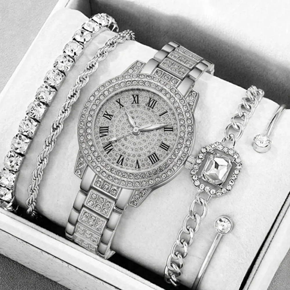 5Pcs/Set Unisex Jewelry Watches Women's Wristwatch Accessories Silver Fashionable Elegant Trendy Classic Exquisite Rhinestone Luxury Roman Numeral Dial Round Dial Quartz Watch Y2K Party Gathering Daily Wear Birthday Holiday Gift Travel Vacation