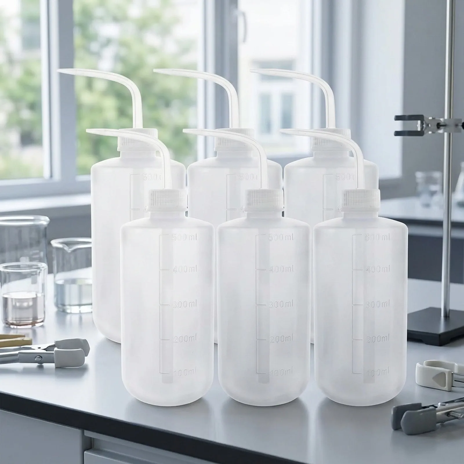 6pcs 500ml Plastic Safety Wash Bottle Set for Laboratory and Plant Watering LDPE Squeeze Bottles with Slanted Neck Tip
