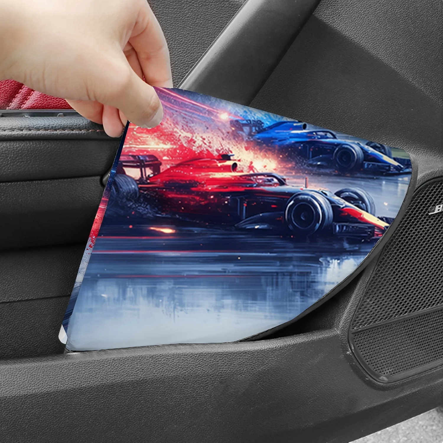 1pc Car Steering Wheel Cover, Rainy Night Race Track Red Blue Formula Racing Speed Racing Printed Design, Steering Wheel Sunshad
