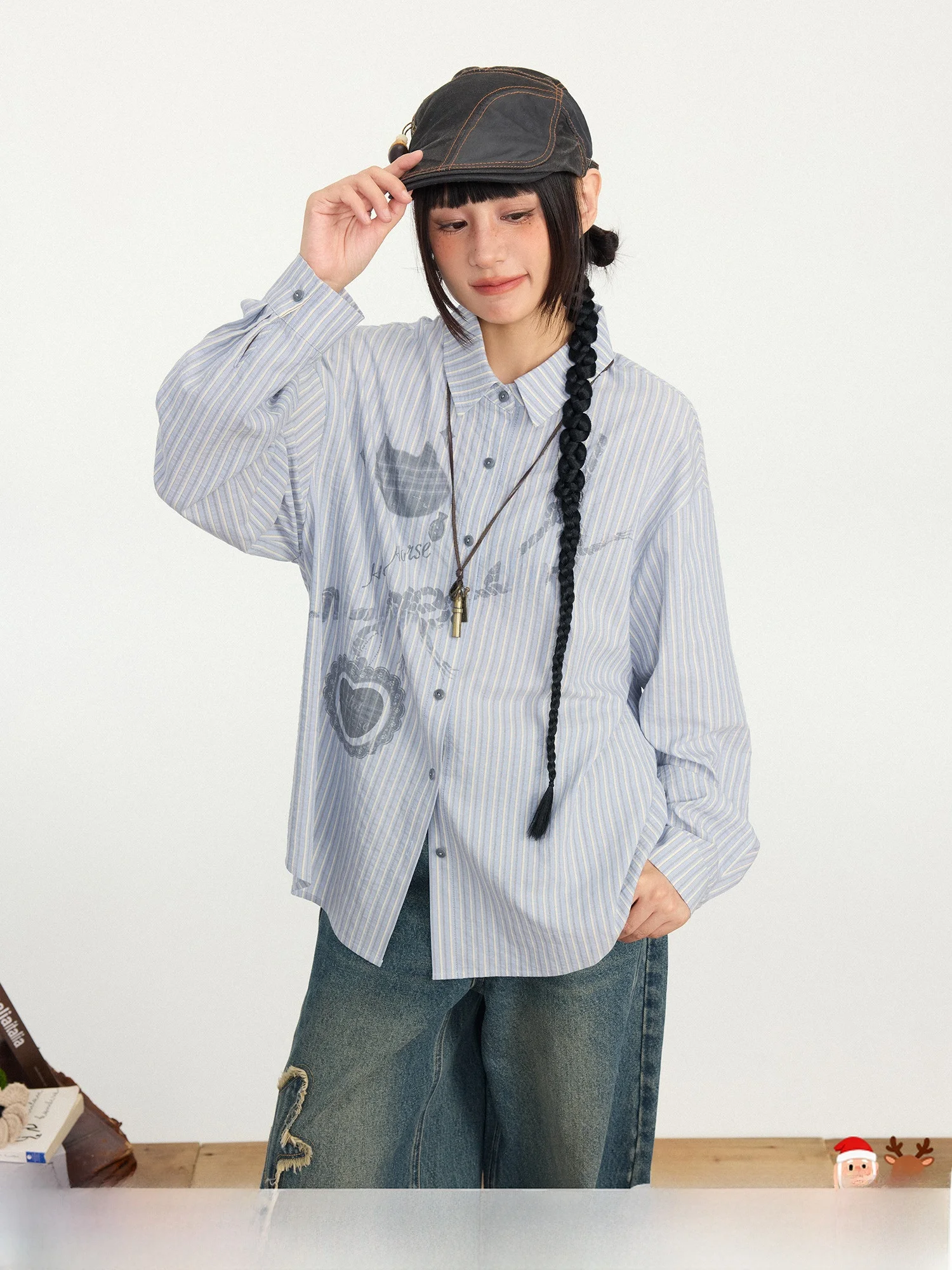 

Retro Fre Simple Love Синие Белые Полосы Свободные Женские универсальные Повседневные Дышащие Длинные Свеки Полиэстер Хлопок B...