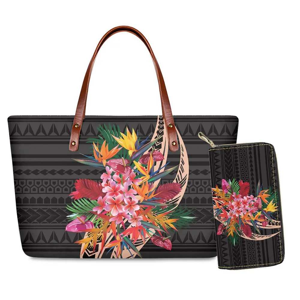 

HYCOOL Polynesian Tribal Hawaii Flower Big Tote Bag With Zipper Ladies Hand Bags Handbag Long Luxury Purse Manufacturer Custom