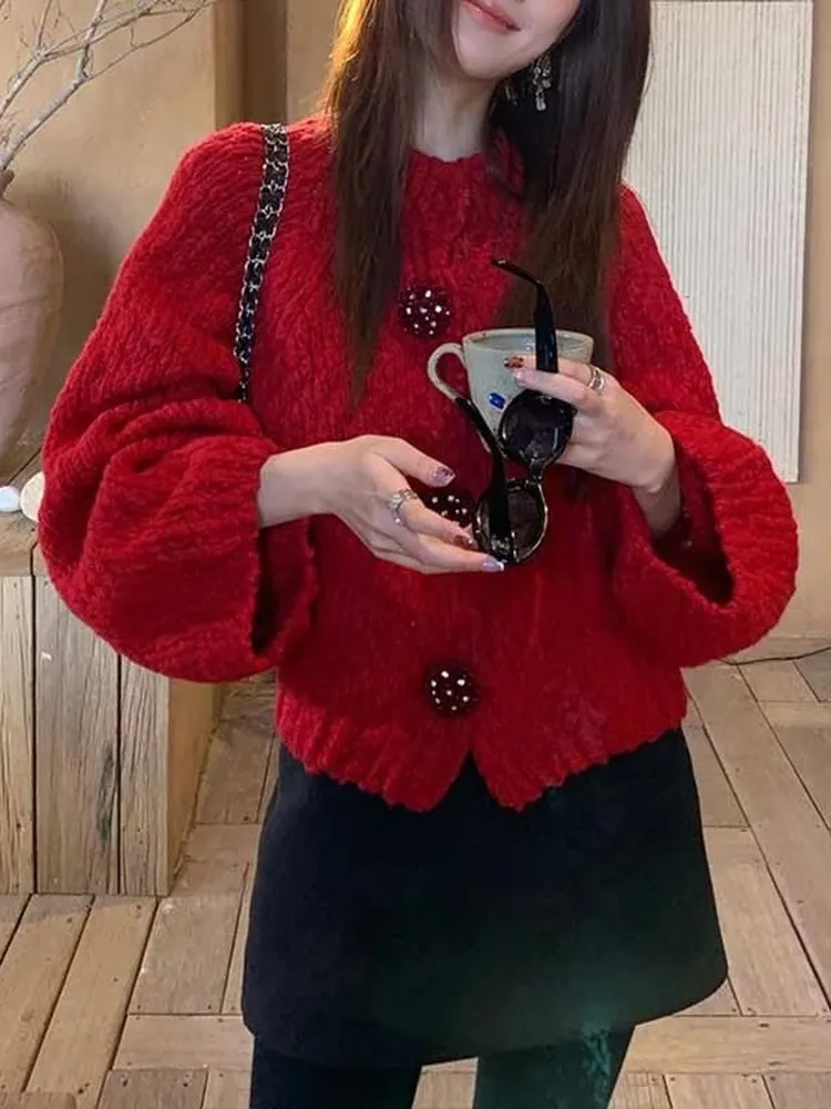 

Red Woolen Sweater Women's Open Cardigan Soft Cozy Classic Wealth Attracting Knitwear Casual Loose Fit Long Sve