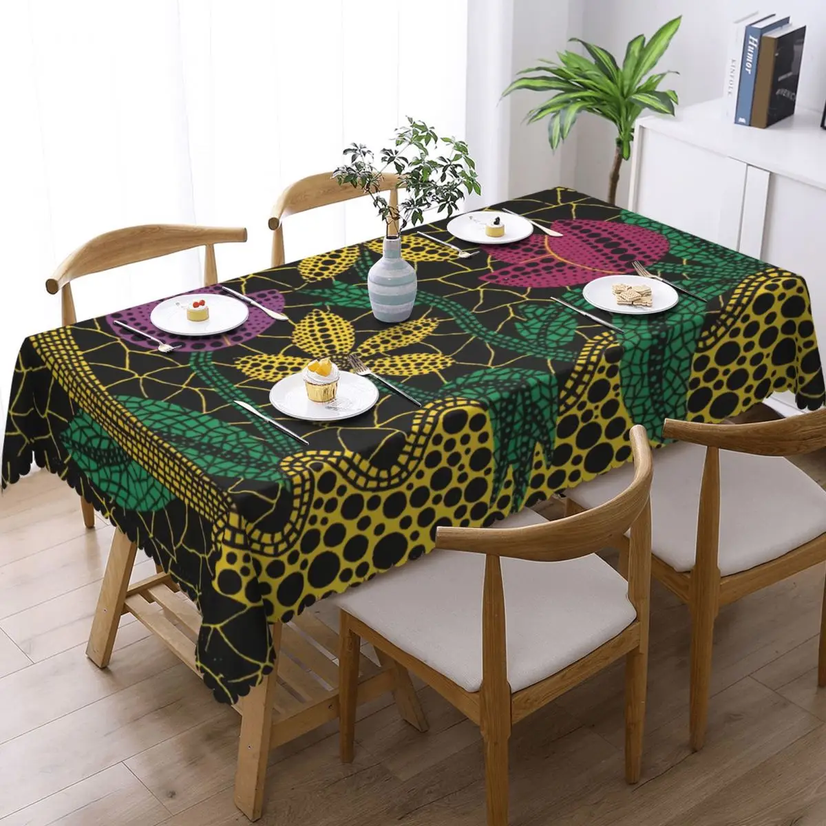 Customized Yayoi Kusama Rectangular Tablecloth Oilproof Table Cloth Colorful Flower in Basket Table Covers