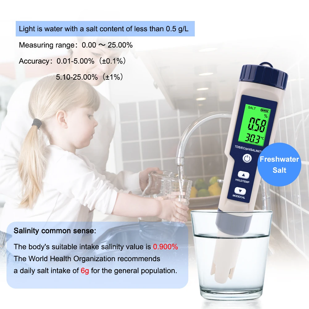 5 in 1 Digital Water Quality Detector PH/EC/TDS/Salinity/Temperature Testing Meter Multi-Function Water Quality Tester Monitor