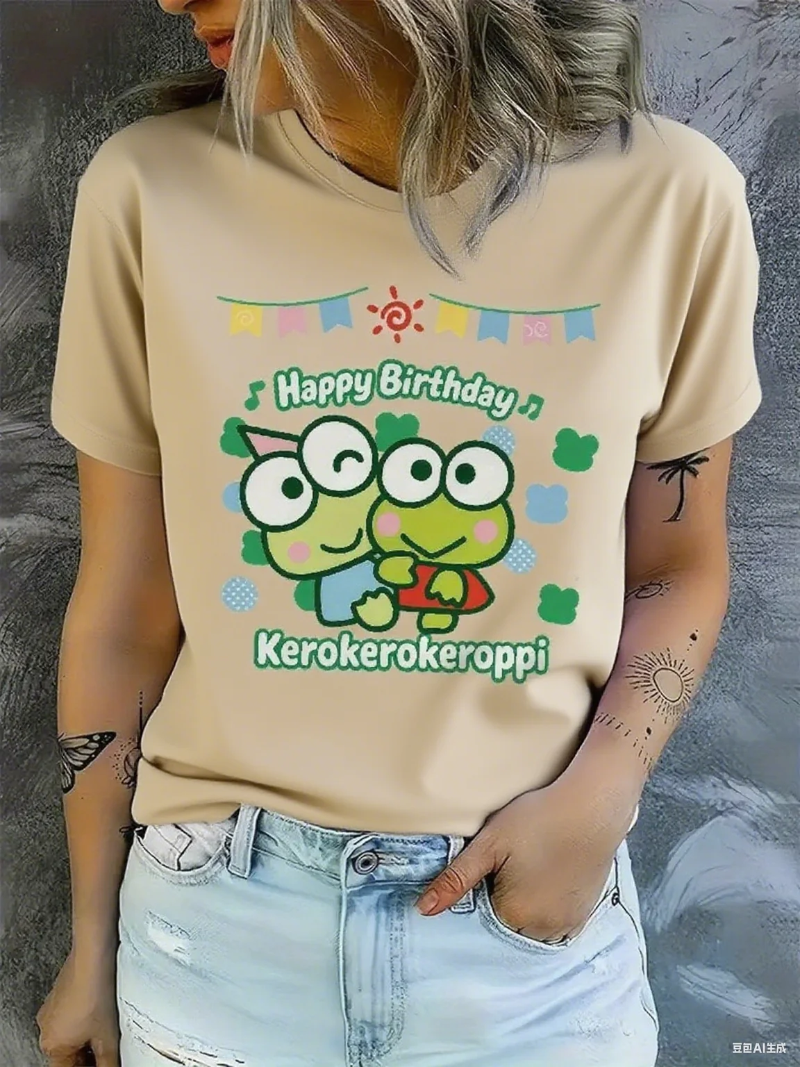 تي شيرت قطني مع جرافيك سانريو كيروبي للاحتفال بعيد الميلاد كيروبي الضفادع والأعلام نمط تصميم ممتع احتفالي من القطن الخالص #3