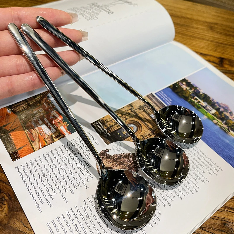 1pc Stainless Steel Round Spoon Net Red Gold Western Food Long Handle Stirring Dessert Spoon Kitchen Accessories Gadgets