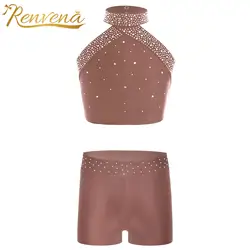 Kids Girls Ballet Dance Outfit Figure Skating Dress Halter Neck Tanks Shiny Rhinestones Shorts Children Gymnastics Dancewear Set