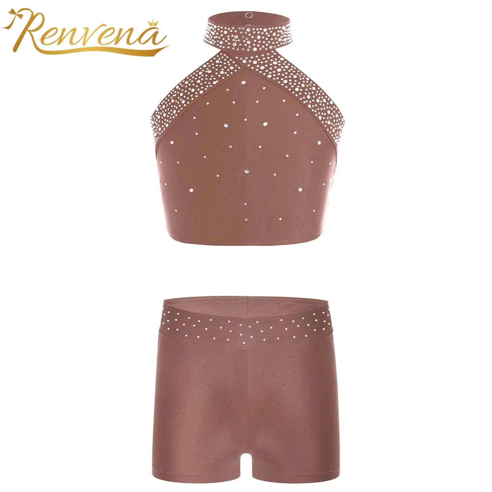 Kids Girls Ballet Dance Outfit Figure Skating Dress Halter Neck Tanks Shiny Rhinestones Shorts Children Gymnastics Dancewear Set