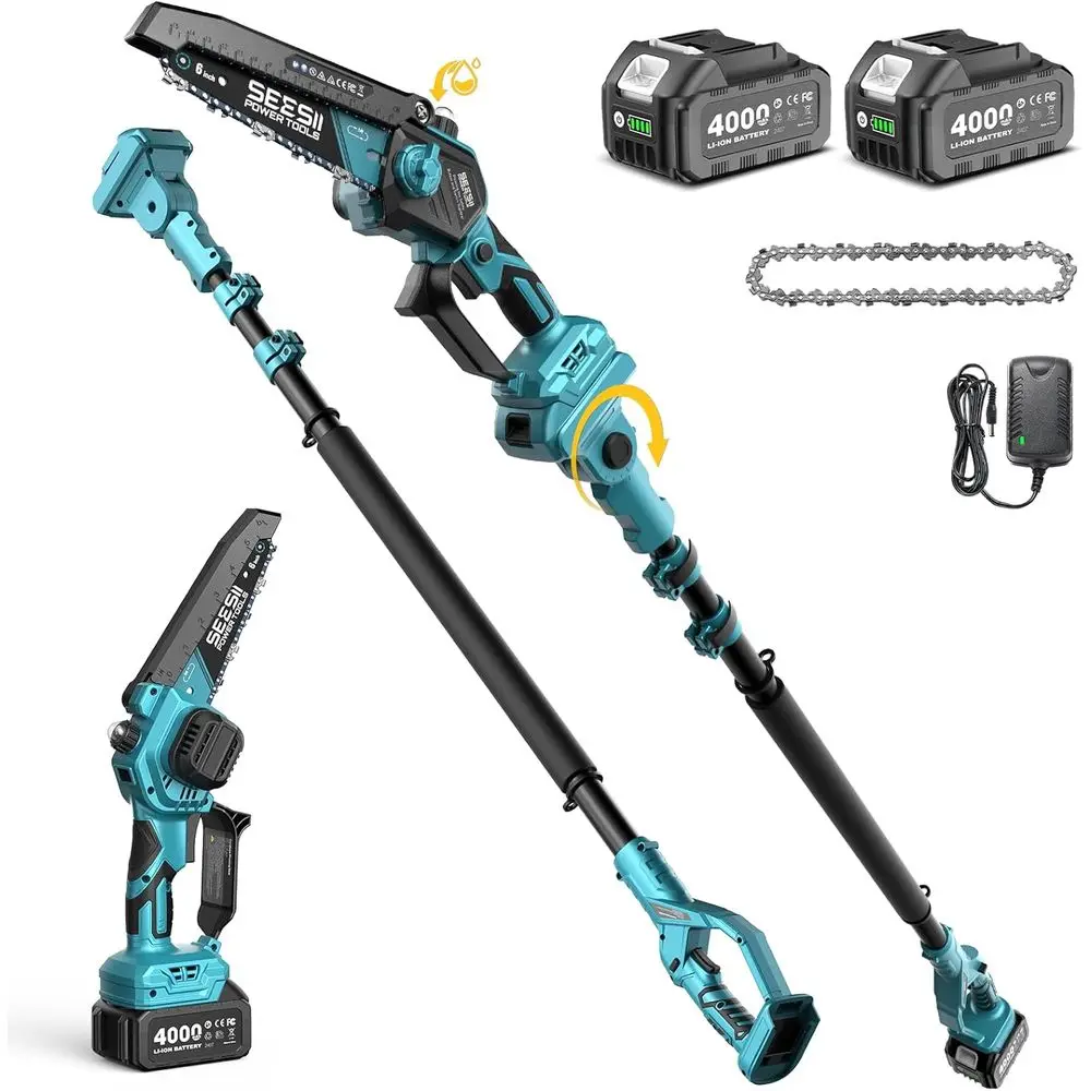 

2-in-1 Electric Pole Saws: BrushlMini Chainsaw Cordl6 Inch, 2 x 4000mAh Batteries, Pole Saw or Tree Trimming,Hand held Chain Saw