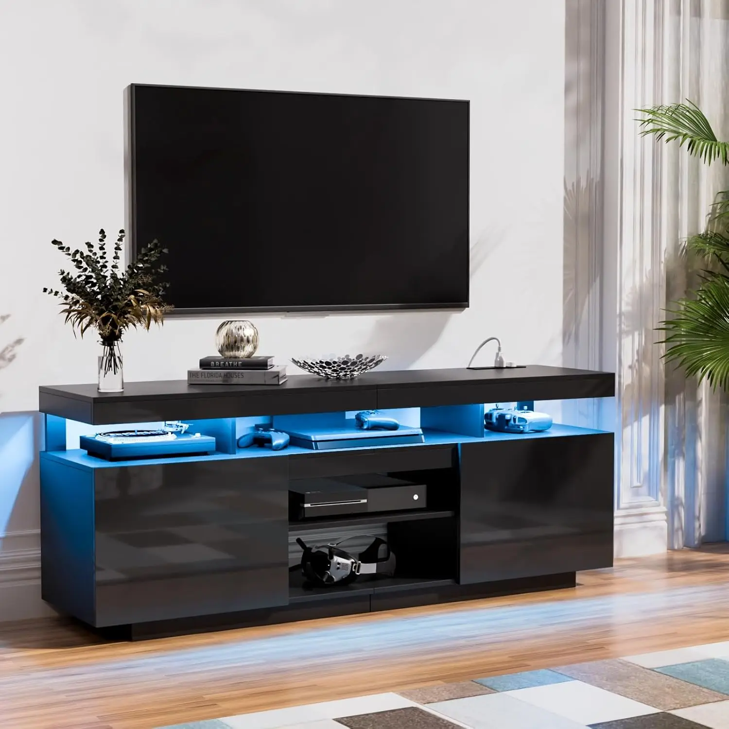 HOMMPA LED TV Stand for 70/65/60/55 inch TV Modern Entertainment Center with Power Outlets, Gaming TV Consoles with Storage。