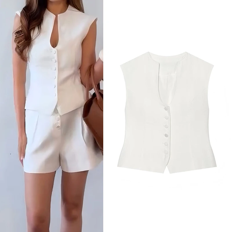 Women Sleeveless Vest Top Button Up Round Neck Old Money Style Summer Elegant Y2K Crop Top Female Fashion New