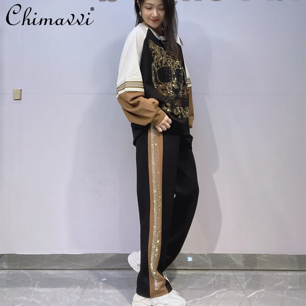 Moda em torno do pescoço manga longa topo calça oversized feminino conjunto pesado strass retalhos cor casual conjunto de duas peças