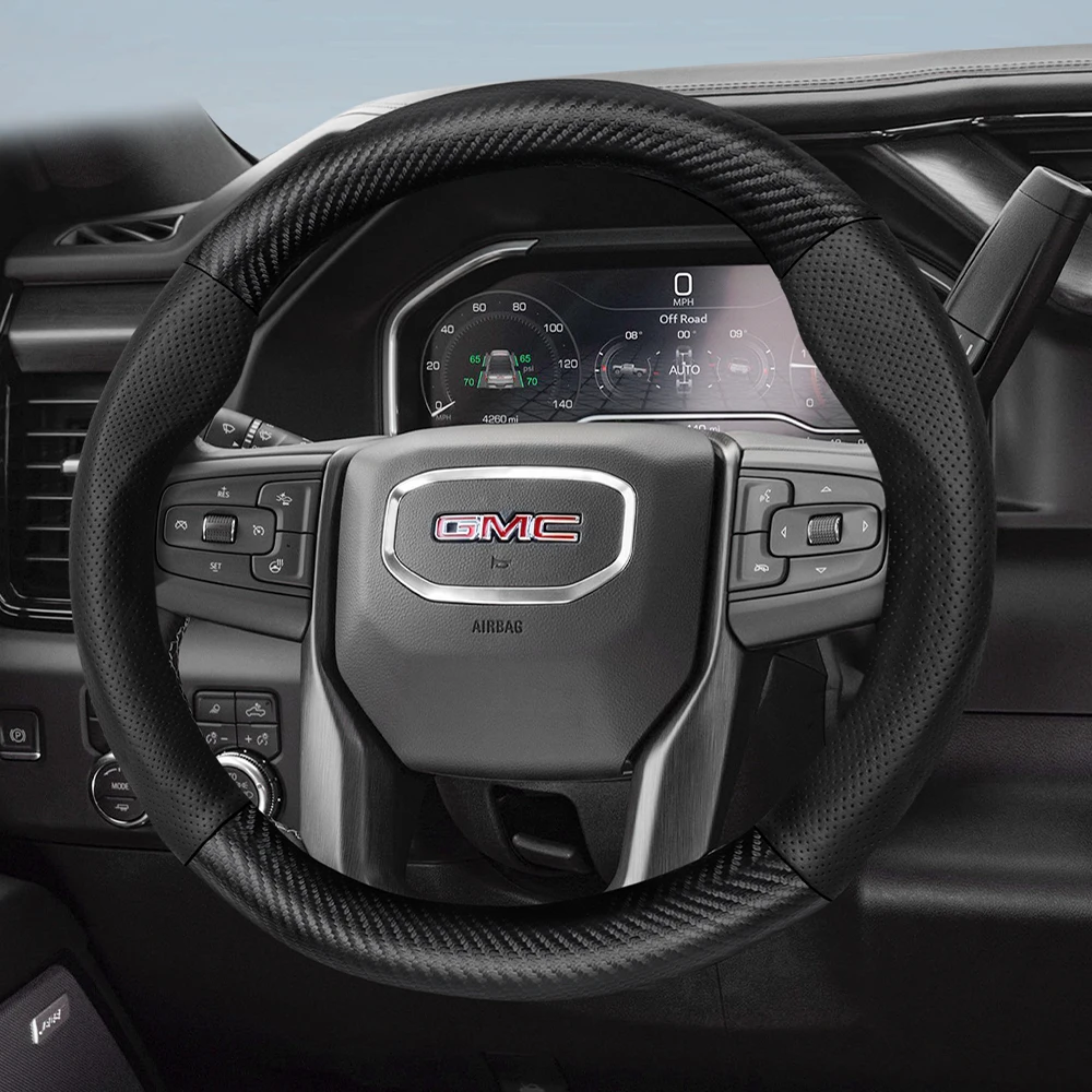 Funda de Volante de Cuero Transpirable con Textura de Fibra de Carbono Mate, Compatible con Modelos como Sierra 1500 HD EV, Yukon, Terrain, Acadia, Canyon, Savana, Hummer EV, etc., Accesorios para Auto en Color Negro Mocha