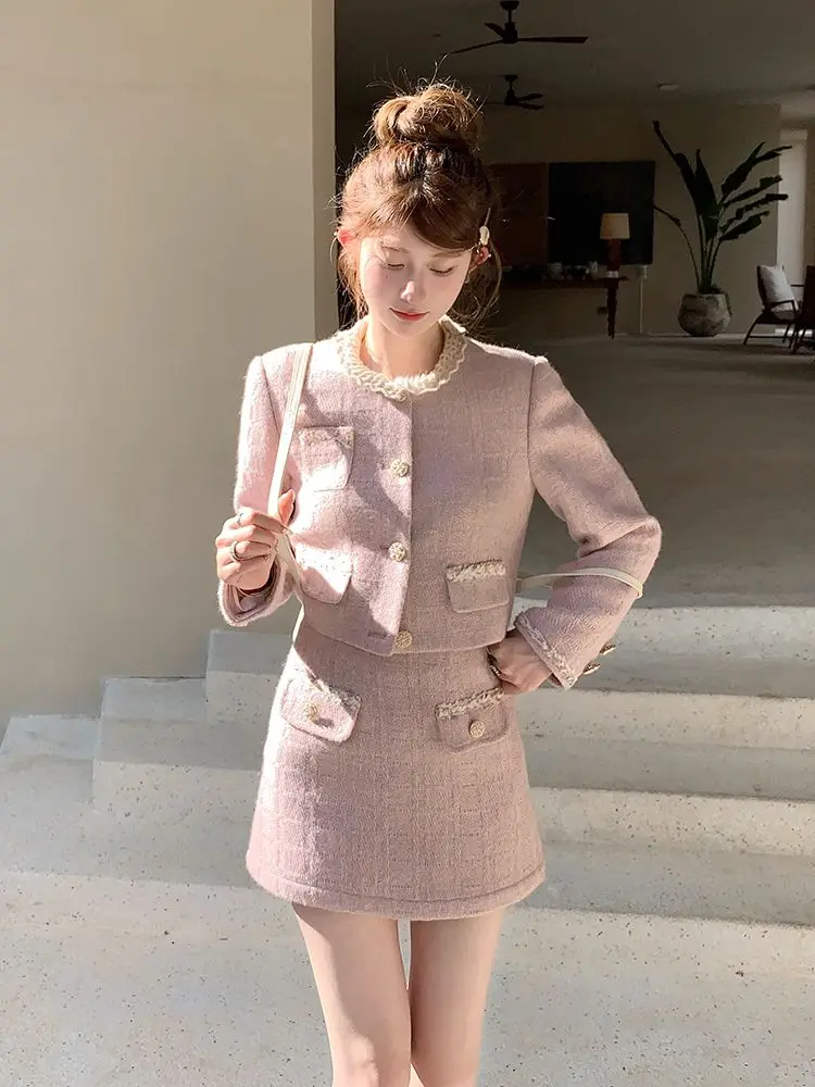 Ensemble deux pièces rose jeune fille pour femmes, veste et jupe courtes de style chic rose et violet, nouvelle collection printemps et automne de haute qualité