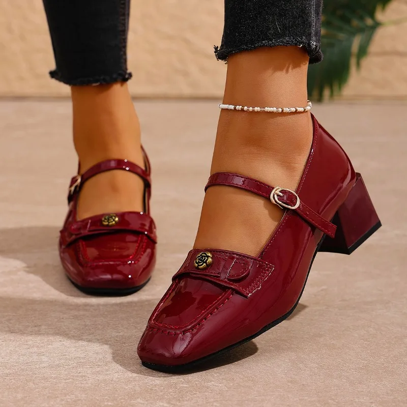 

One Strap Block Heel Single Shoes Fashion Square Toe Light Mouth Soft Leather Soft Sole Non-slip Kitten Heel Shoes