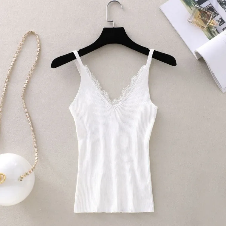 Woman's fashionable Vest sling Summer v-neck lace stitching knitting solid color sale Ladies Tops dropshipping LYY556