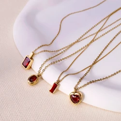 WILD & FREE Trendy Red Zircon Crystal Pendant Stainless Steel Necklace Luxury Exquisite Women Wedding Jewelry