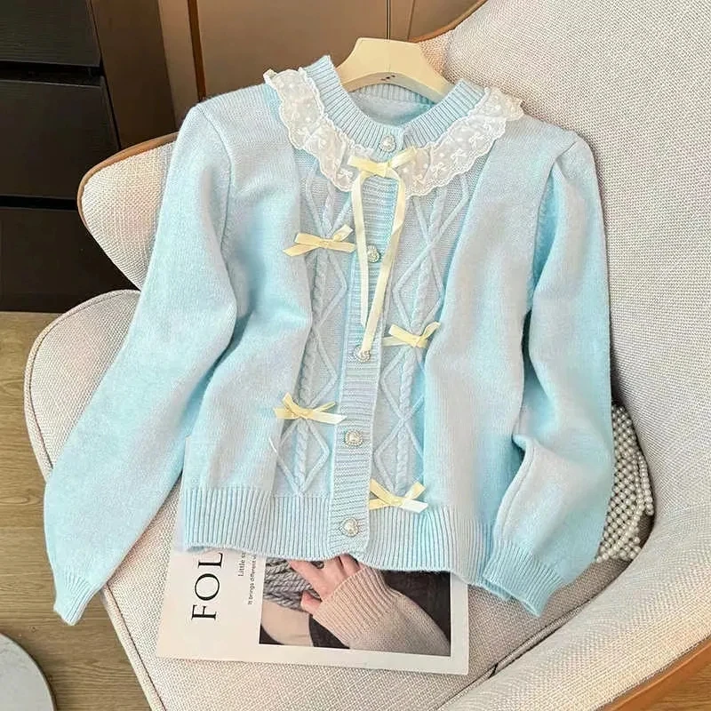 

Ladies' Sweet Lace Stitching Bow Sweater Coat Women's Autumn Gentle Soft Waxy Knit Cardigan Soft Versatile Single-Breasted Coat