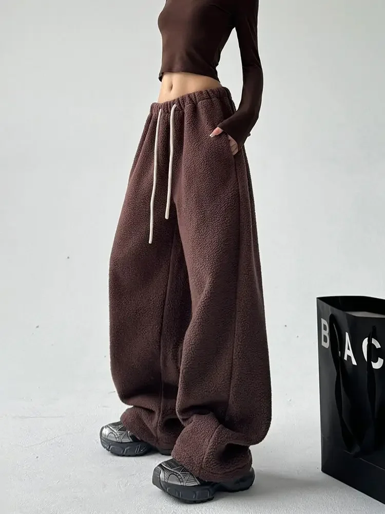 Faux Lambswool Warm Wide-Leg Pants Women Winter Thickening Loose Casual Sports Long Pants  Chic Thick Drawstring Joggers New