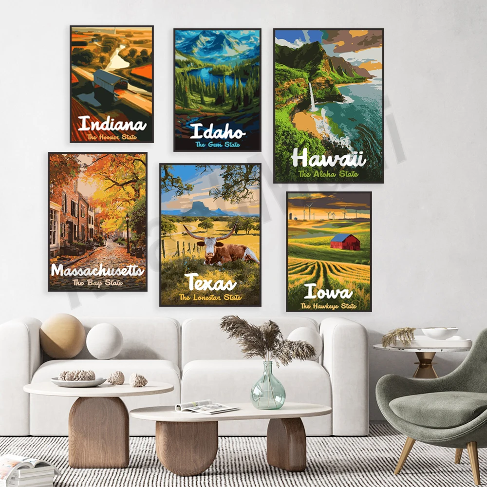 Indiana, Louisiana, Utah, Massachusetts, Idaho, New Jersey, Oklahoma, Texas, New Hampshire, Hawaii vintage travel posters