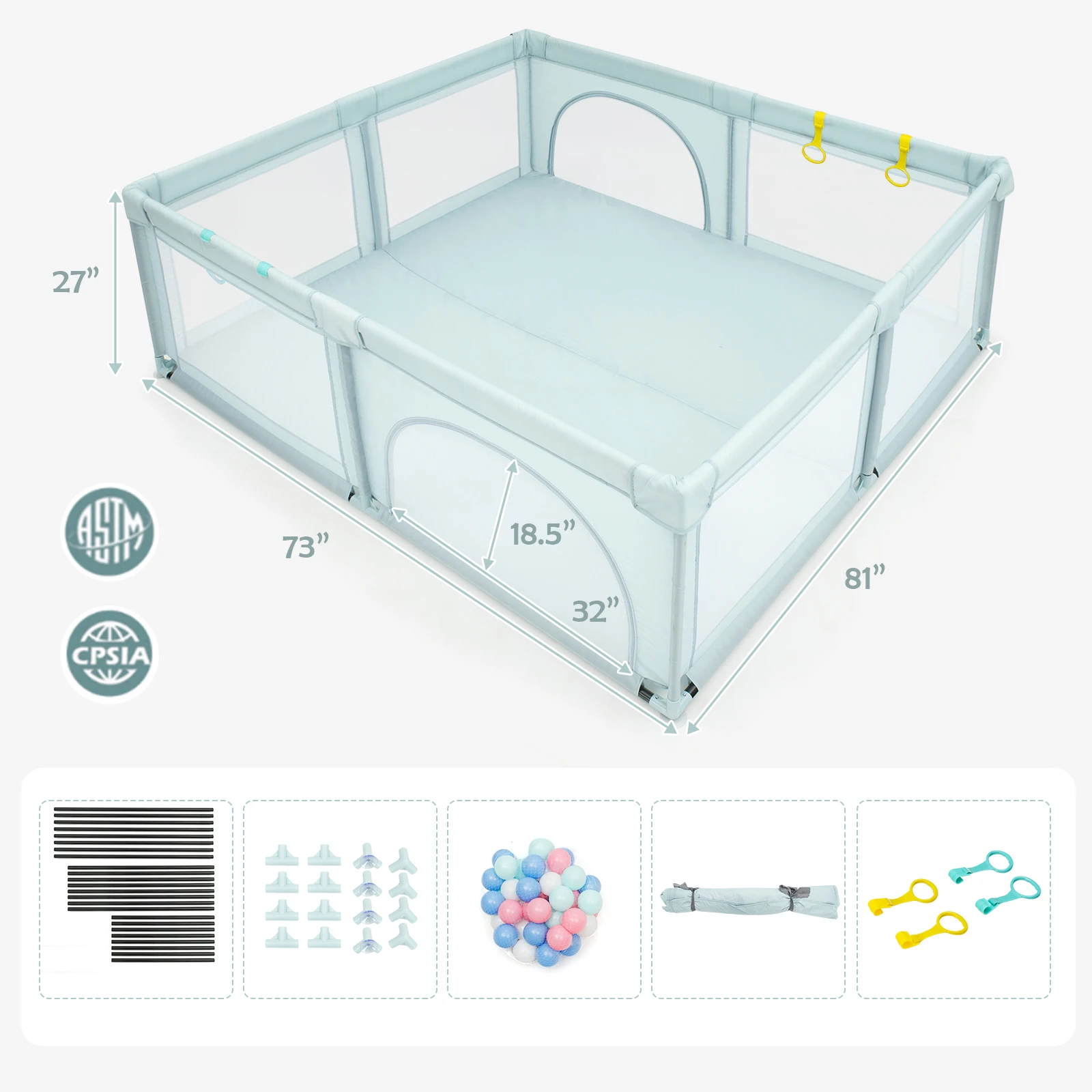 Extra Large Baby Playpen Safety Baby Play Yard w/50 Ocean Balls & 4 Handles