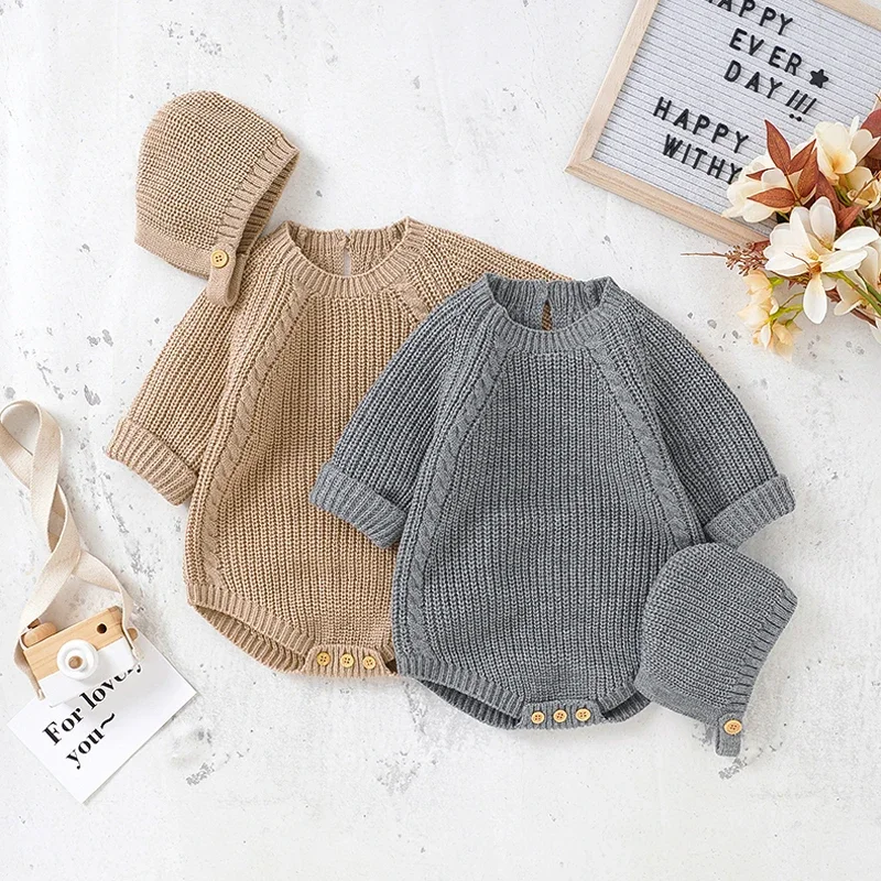 Baby Bodysuits Autumn Knit 2pc Infant Girl Boy Jumpsuit Long Sleeve Newborn Clothes Hat 0-18M Overalls Tops Fashion Solid Romper