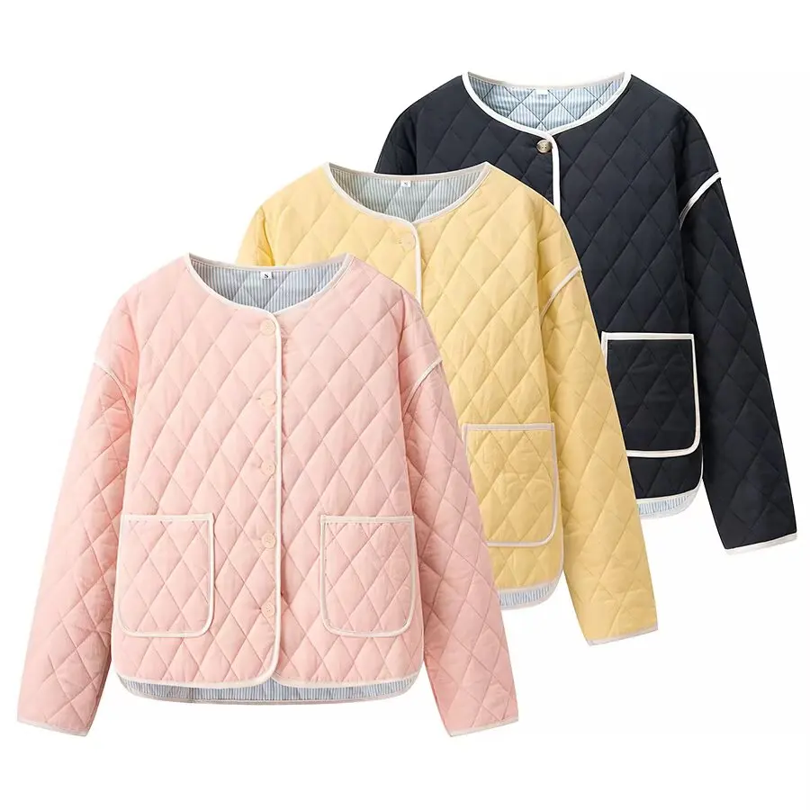 Autumn Winter Binding O Collar Embossing Plaid Quilted Coat Ethnic Women Front Pocket Open Button Quilting Jacket Short Outwear