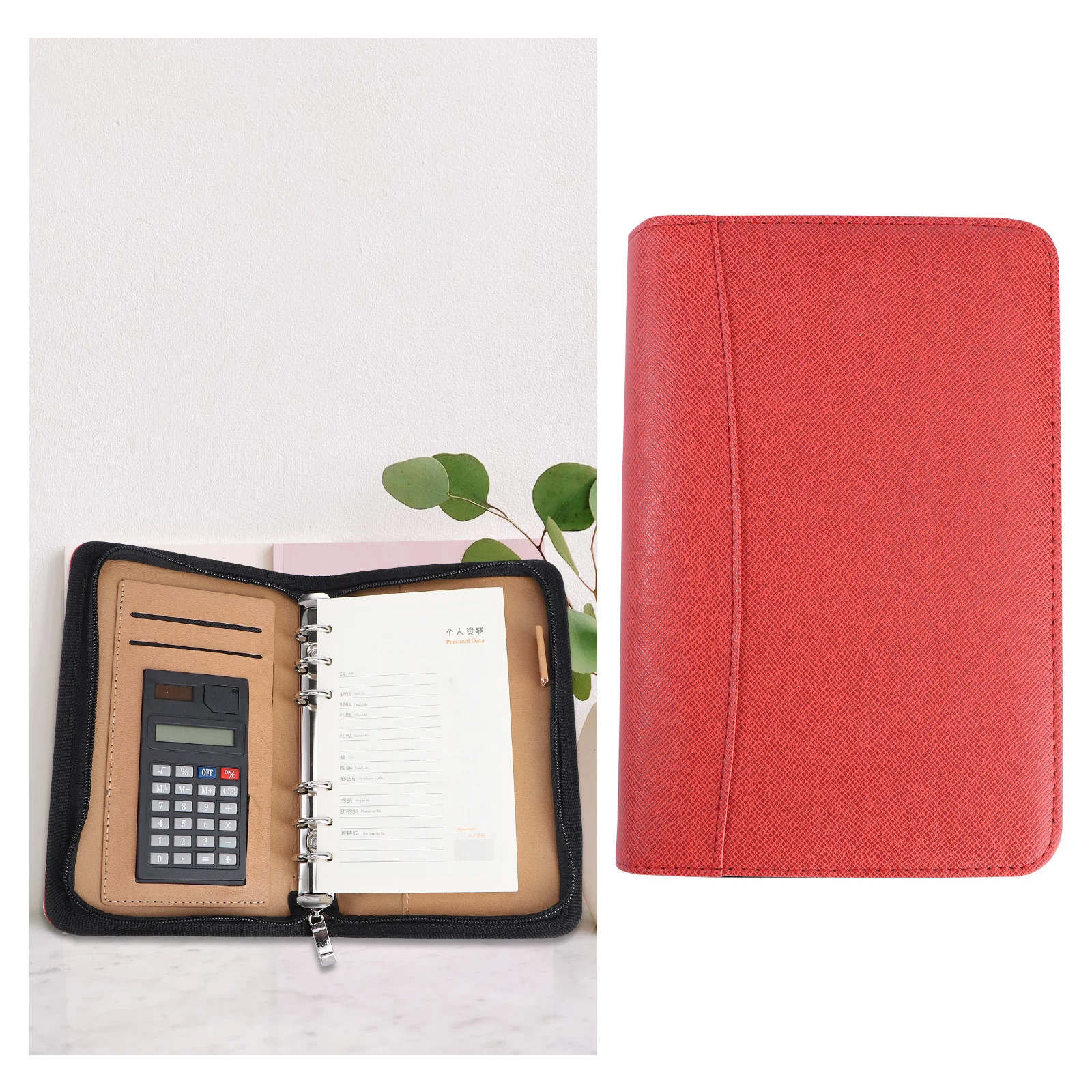 

PU A6 Zipper Notebook Loose-Leaf Business Notepad Red Including Calculator Cardholder Large File Pocket Pen Loop Travel