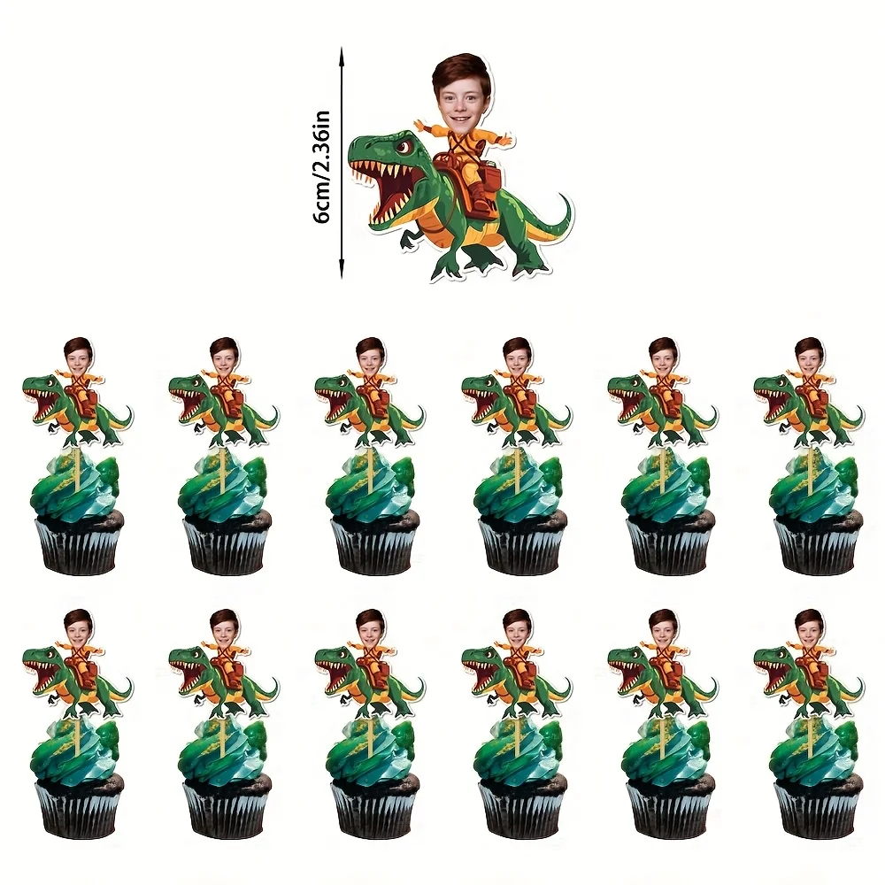 Personalized Dinosaur-Themed Cupcake Toppers, Customizable Dinosaur Knight Head Cake Decorations, Dinosaur-Themed Birthday Party Decorations, Dinosaur 1St Birthday Party Supplies, Suitable for Happy Birthday Cake Decorations for Christmas, New Year, Valentine's Day, and Party Events