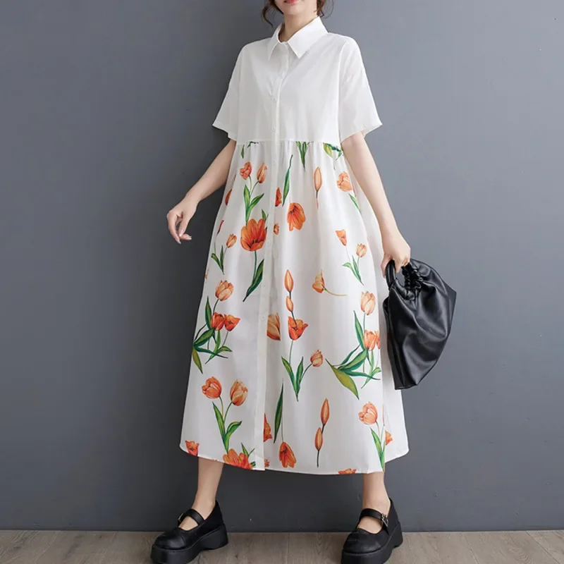 Summer New Floral Printed A-line Dress Short Sleeve Vintage Front Buttons Shirt Dresses Turn-down Collar Female Vestidos