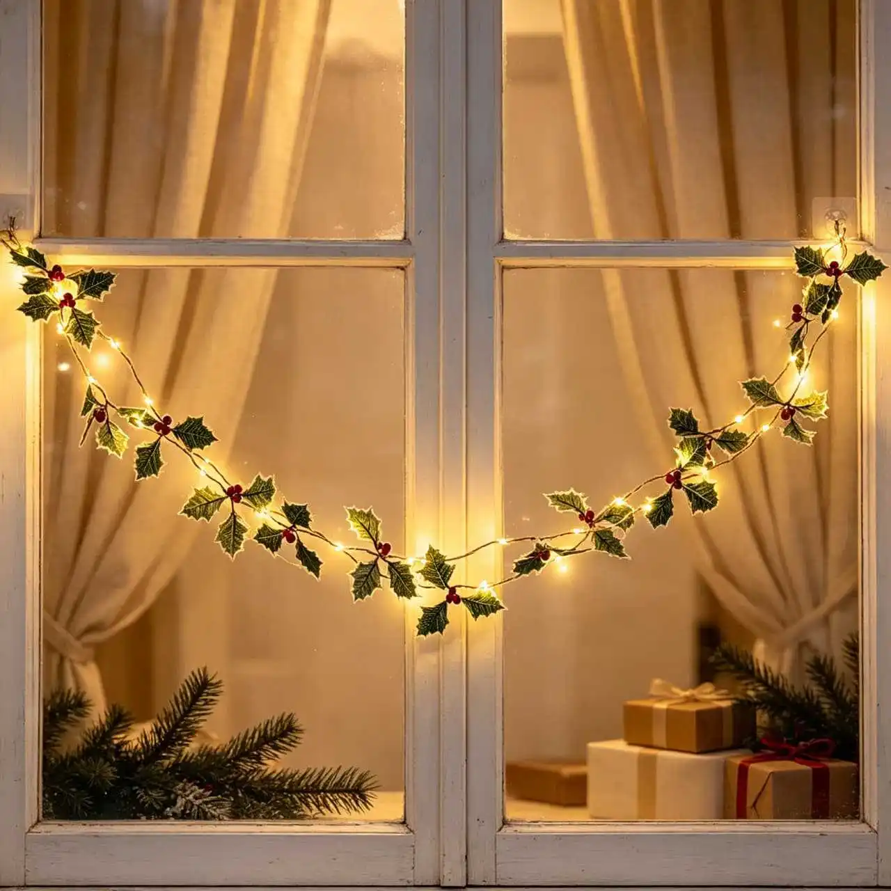Battery LED Copper String Light Christmas Holly Red Berry Garland Holiday Decor for Fireplace Table Window