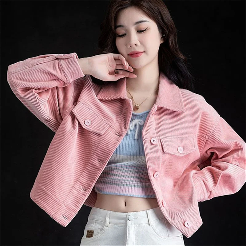 Retro Spring and Autumn Seasons New Versatile Corduroy Shirt Women's Design Feeling Small and Unique Short Coat Women's Top Pink