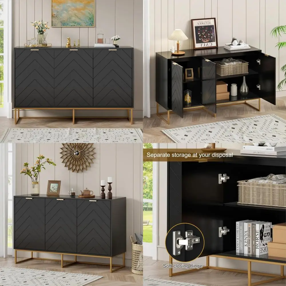 3-door black buffet cabinet with adjustable shelf for storage