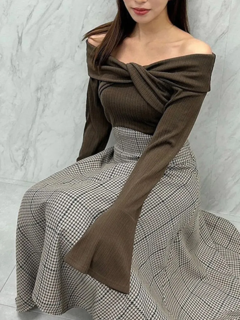 2024 Winter New One-shoulder Fashion Women Dresses Design Sweater Stitching Dress Female Long Sleeve Elegant Slim Vestidos