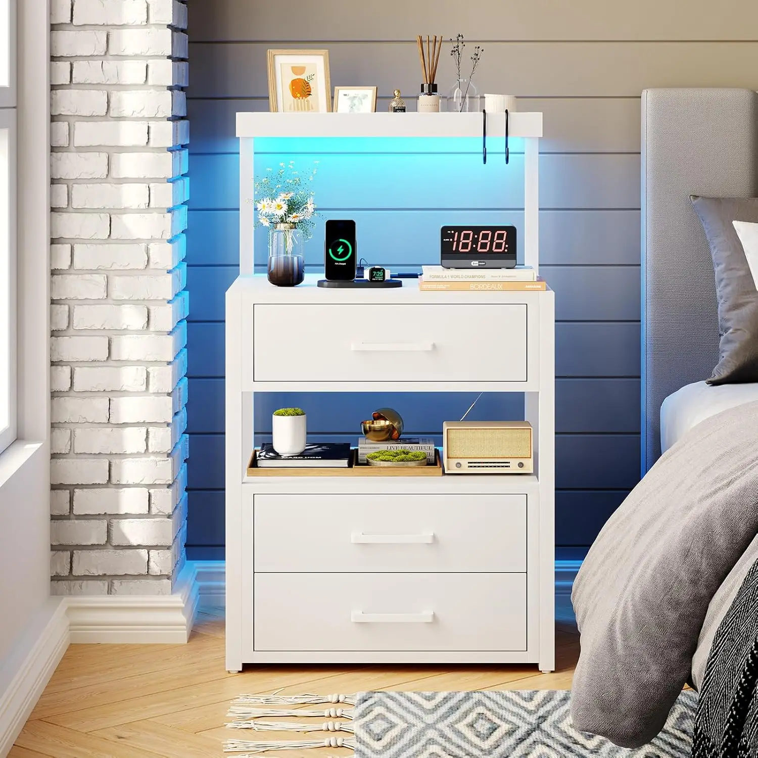 

Прикроватная тумбочка с зарядной станцией и LED-подсветкой, LED-тумбочка с 2 USB-портами и 2 розетками переменного тока, современная, на заказ