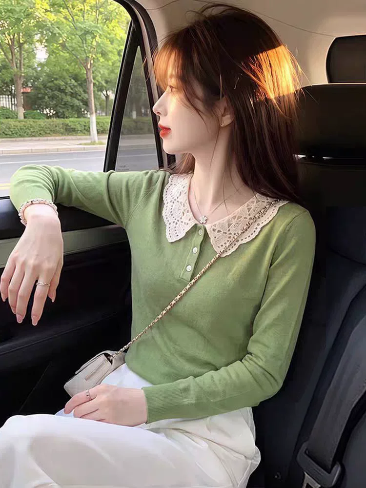 Korean Style Lace Splice Long Sleeve Knitted Shirt Women's Slim Design Base Layer Doll Collar Top Fashionable Casual Wear