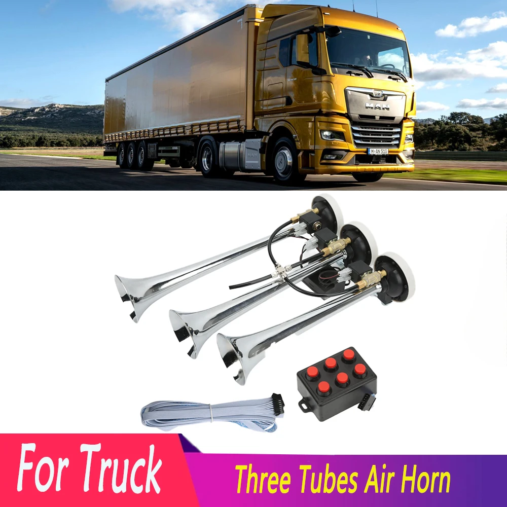 For Truck Chrome Three Tubes Air Horn Super Loud Music Truck Electric Horn