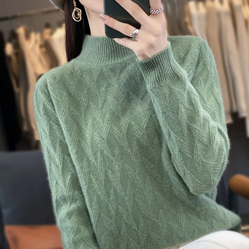 2023 New Autumn Winter women Cashmere thickened Half turtleneck Warm Loose cashmere sweater women