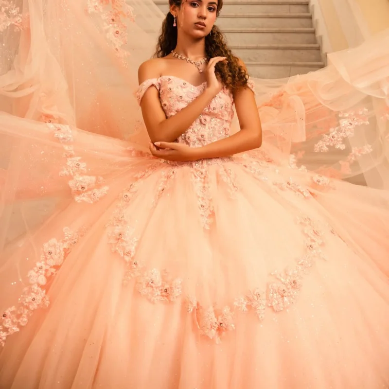 Light Pink Quinceanera Dress Glitter Flower Decal Long tail off-shoulder Tull Layering Bow Vestidos De 15 Quinceanera ﻿Customize