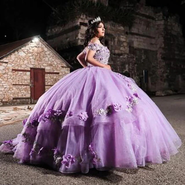 Vestido Lila brillante De quinceanera 15 Anos 2022 Florals sin hombros esponjoso dulce 16 lujoso Charro mejicano para baile De graduacion