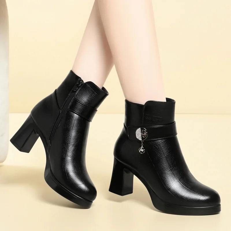 

7cm Comfortable Fall Winter Block High Heels Shoes Women 2024 Soft Leather Boots Black Warm Fur Snow Boots for Office Mom Work